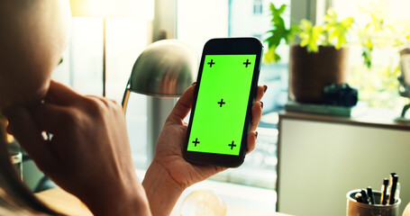 Poster - Phone, green screen and hands of person with online space, tracking marker or ux design for web search. Smartphone, connection and freelancer with mobile app for communication, networking or thinking