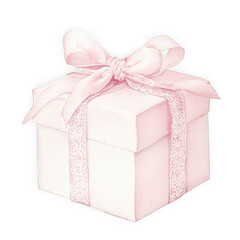 Wall Mural - Watercolor illustration of a pink gift box with a ribbon bow, ideal for birthdays, Christmas, and celebrations