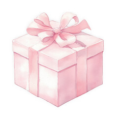 Wall Mural - Watercolor illustration of a pink gift box with a ribbon bow, ideal for birthdays, Christmas, and celebrations