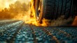 © TYNQ - A close-up of a car tire on a road, kicking up dust in a dramatic sunset setting.