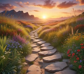 Wall Mural - A serene stone path leading through a beautiful meadow of tall grasses and colorful wildflowers at the peak of sunset, meadow, grass, fields