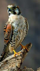 Wall Mural - A close-up of a small falcon perched on a weathered branch, its sharp talons gripping the wood. 