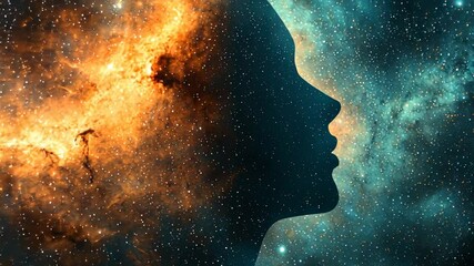 Wall Mural - cosmic silhouette of a human face merging with the universe