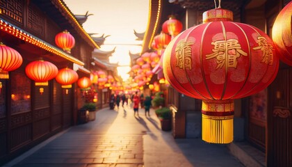 Chinese Lanterns at Night in a Temple During a Festival