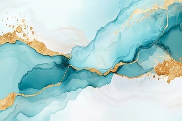 Poster - Abstract Blue Fluid Art with Gold Accents, Captivating Ocean-Inspired Design Perfect for Modern Decor, Backgrounds, and Creative Projects