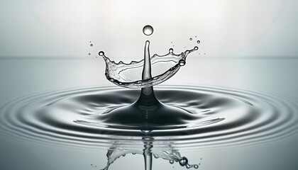 Poster - Water droplet impacting surface creates dynamic splash. Water ripples radiate outward from impact point. Crown-like splash pattern visible. Abstract beauty of water physics. Fluid dynamics in action.