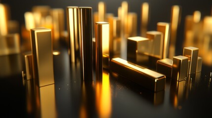 Fototapete - Glimmering Golden Bars on Black Surface with Shimmering Highlights