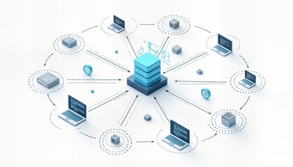 Poster - Network data flow visualization. Modern tech illustration shows data transfer between laptops, servers. Digital network connections highlighted by arrows. Graphic displays tech systems interacting.