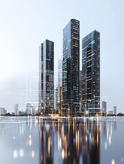 Poster - growth in business through digital transformation, futuristic skyscrapers, thriving urban landscape,