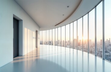 Poster - Empty modern corridor with panoramic city view. Sunlight streams through large windows. Empty space. Modern architecture. High rise. Empty hall. Business concept. Bright. Spacious. Empty. Cityscape