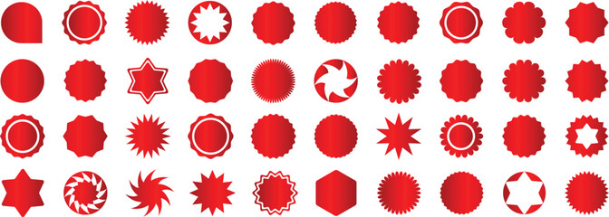 Set of red starburst. Price sticker, sale sticker, price tag, starburst, quality mark, retro stars, sale or discount sticker, sunburst badges, sun ray frames, promotional badge set, shopping labels