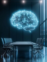 Poster - conceptual image of a glowing ai brain above a corporate meeting table symbolizing strategy and inno