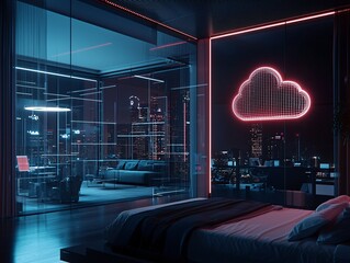 Poster - a sleek tech environment highlighting cloud-based solutions with glowing cloud icons and a corporate