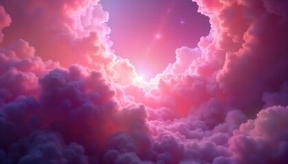 Poster - Pink, purple nebula clouds fill sky. Soft light shines through colorful clouds. Abstract design evokes dreamy atmosphere. Ideal for creative projects. Stunning visual. Great for social media