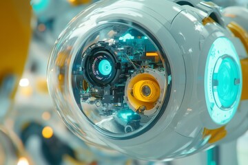 Poster - Close-up View of Futuristic Robot Eye with High-Tech Circuitry and Glowing Elements, Showcasing Advanced Technology and Robotics in a Modern Design Context