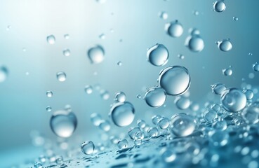 Poster - Clear water droplets, bubbles float in light blue background. Close-up view round shapes, transparent quality of water. Lighting highlights reflective surfaces of liquid. Image evokes sense of