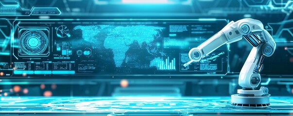 Poster - a robotic arm working alongside ai-driven monitors in a smart factory setting, representing digital 