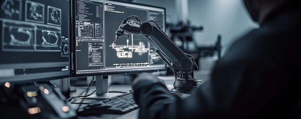 Poster - A robotic arm working alongside AI-driven monitors in a smart factory setting, representing digital transformation and AI integration