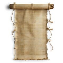 Poster - Old blank canvas scroll hanging on wooden dowels with frayed edges tied with rope is isolated on white