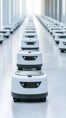 Poster - Optimized warehouse operations with robots moving goods and employees monitoring processes via digital dashboards
