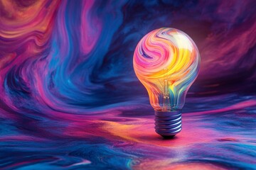 Poster - Colorful Light Bulb Against Vibrant Swirling Background in Abstract Style Creating a Dreamy Atmosphere Perfect for Art and Design Projects