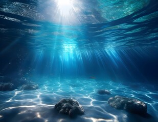 serene underwater scene with sunlight streaming through clear ocean water