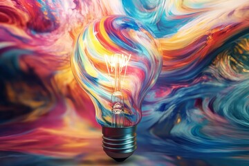 Poster - Colorful Swirls of Light and Creativity Captured in a Unique Artful Bulb with a Vibrant Background of Abstract Patterns and Colors