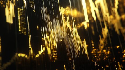 Poster - abstract visualization of financial data in gold hues and patterns