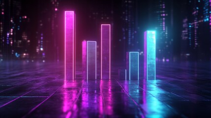 Aufkleber - Neon Bar Graph with Reflection in Futuristic Urban Environment