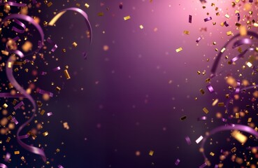 Poster - Purple and gold confetti and ribbons explode on a dark background. Celebration and festivity. Glamour and party atmosphere. Suitable for celebration event announcements or product launches.