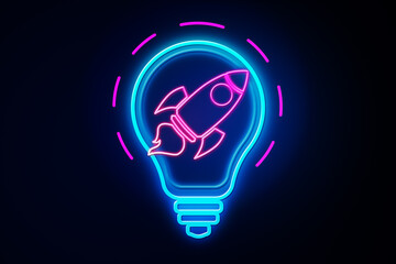 Poster - Neon lightbulb with rocket symbol, glowing on dark background, representing creativity, innovation, and startup concept. 3D Rendering