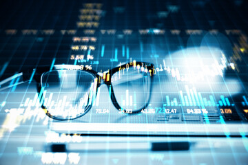 Poster - Financial data charts overlayed on glasses and devices, representing business analysis and trading concepts.