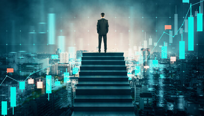 Poster - Businessman standing on staircase looking at city skyline with financial chart overlay, representing career growth and success concept.