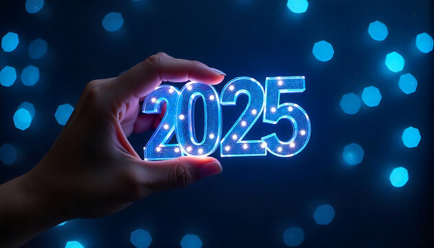 Happy New Year 2025, A hand holding the number 2025 with a B2B logo, against a dark background,  banner, poster, created with generativae ai
