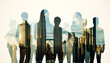 © Who is Danny - Businesspeople silhouettes with a double exposure of a city skyline background symbolizing teamwork and corporate success.