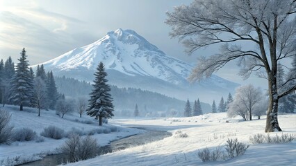 Poster - A snowy mountain range with a river running through it
