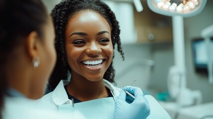 Wall Mural - A woman is smiling while a dentist is cleaning her teeth