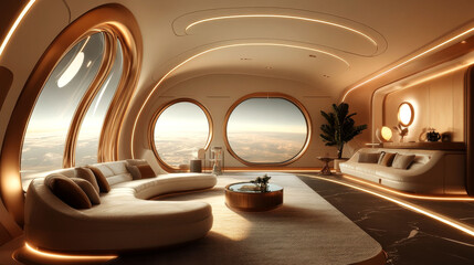 Wall Mural - A futuristic living room with curved furniture, large circular windows, and warm ambient lighting, offering a breathtaking view of the sky.