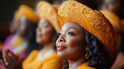 Joyful woman wearing a vibrant African headwrap at a cultural celebration