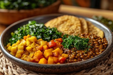 Wall Mural - A vibrant plate of plant-based food featuring lentils, greens, and vegetables.