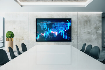 Aufkleber - Modern conference room with large digital screen displaying financial data and graphs on a concrete wall background. 3D Rendering