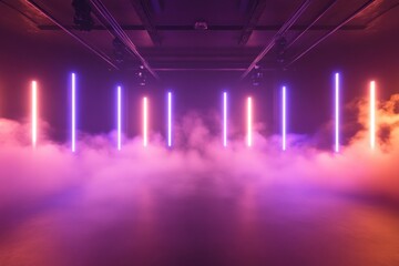 Poster - Futuristic Ambient Light Installation with Colorful Neon Fixtures and Dramatic Smoke Effects in a Contemporary Art Space