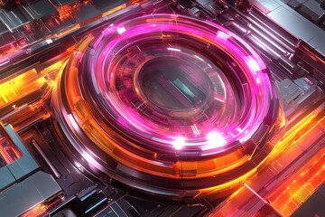 Aufkleber - Futuristic Circular Design with Vibrant Colors and Metallic Elements for Technology and Abstract Backgrounds in Digital Art and Graphics
