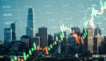 Poster - San Francisco skyline with financial chart overlay on a digital concept background.