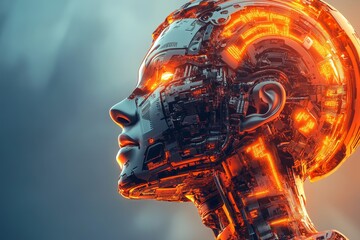 Poster - Futuristic Human-Machine Hybrid with Glowing Circuitry Features and Intricate Metallic Finish in a Dramatic Ambient Setting