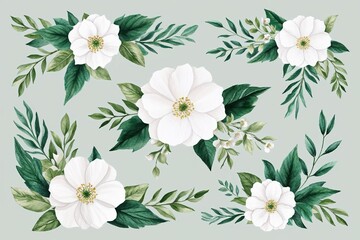 Wall Mural - Watercolor Floral Illustration Bundle featuring White Flowers and Green Leaves for Bouquets Wreaths and Wedding Invitations