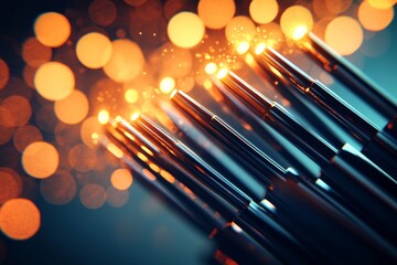 Poster - Glowing Points of Light Emerge from Shiny Metal Tubes with Bokeh Background, Creating a Magical Atmosphere of Warmth and Wonder in a Creative and Artistic Composition