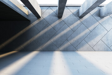 Poster - Concrete wall with sunlight streaming through beams, creating shadows on the floor. Perfect for design mockups and presentations. 3D Rendering