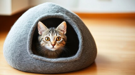 Poster - Cozy Cat Inside a Soft Gray Cat Bed with Expressive Green Eyes