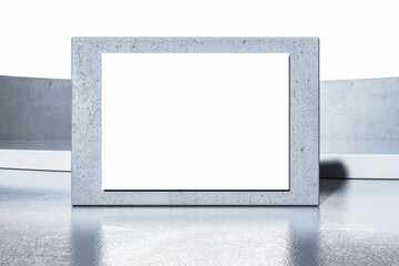 Poster - Blank rectangular concrete frame with a white space in the center, placed outdoors on a reflective surface in a modern setting. 3D Rendering